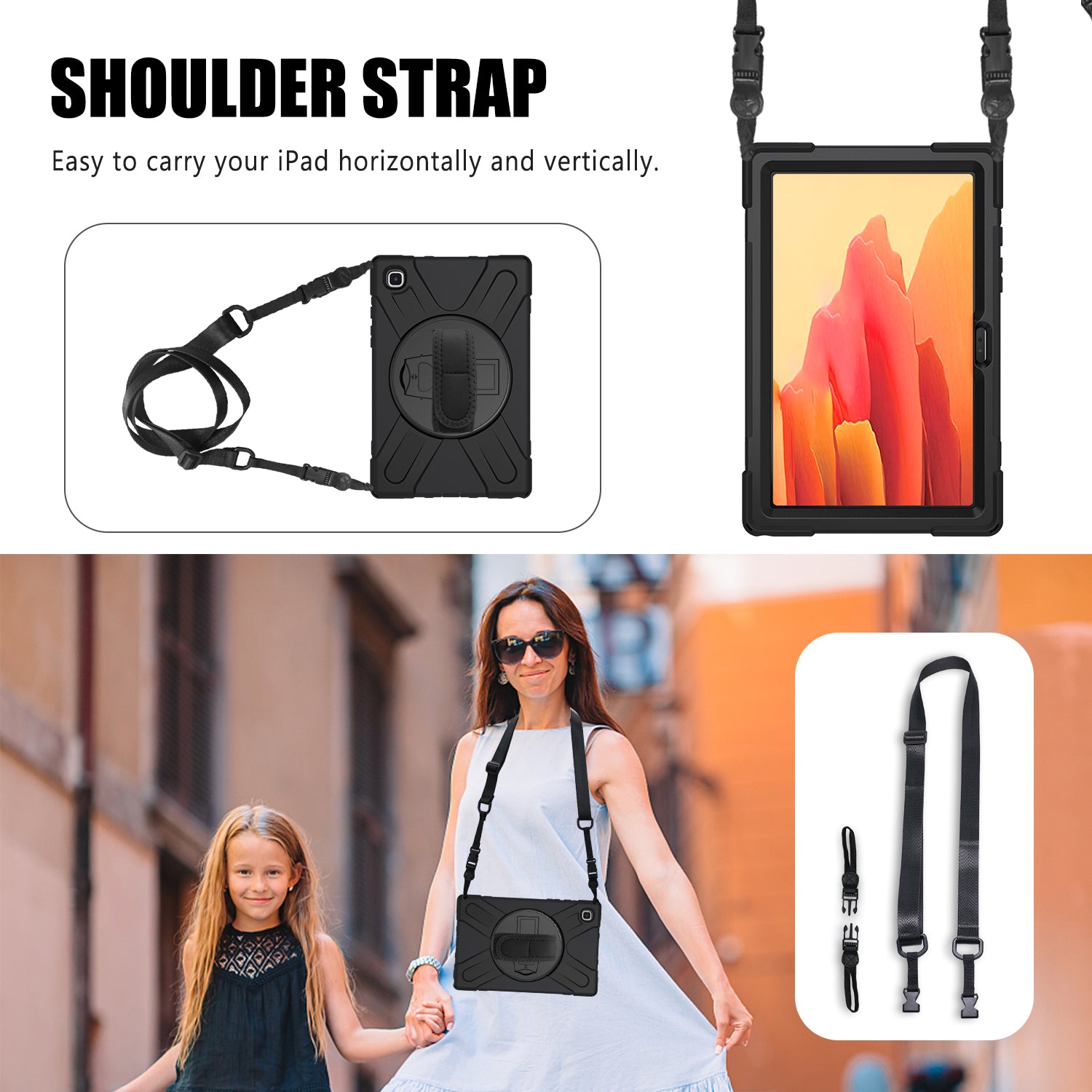 Reinforced and shockproof protective case, with shoulder strap-Black for Samsung